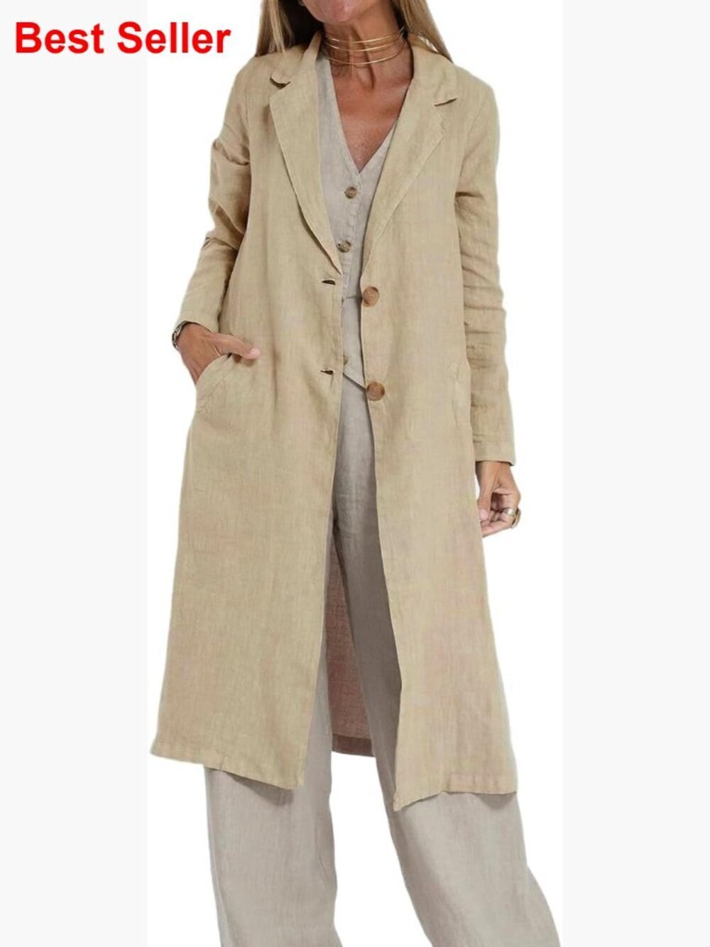 Long Linen Blend Blazer Trench Coat Casual Lightweight